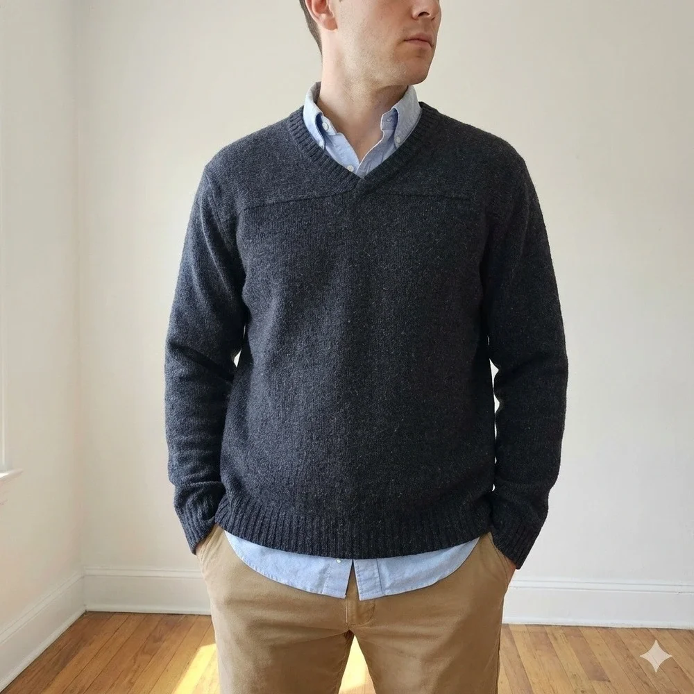 Vintage Y2K J Crew Sweater Mens XL‎ Wool V Neck Dark Gray Preppy Knit Pullover